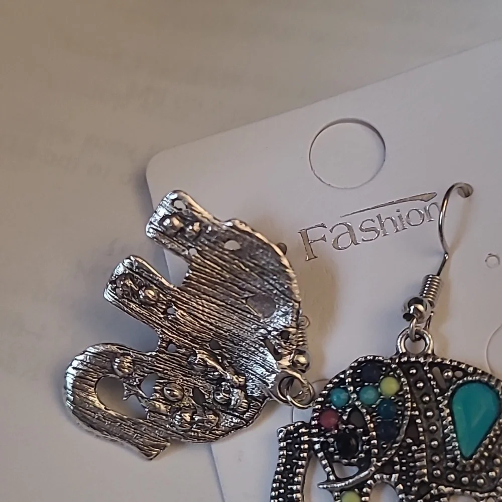 Elegant Silver and  Multicolor Dangle Elephant Earrings - Picture 6 of 6